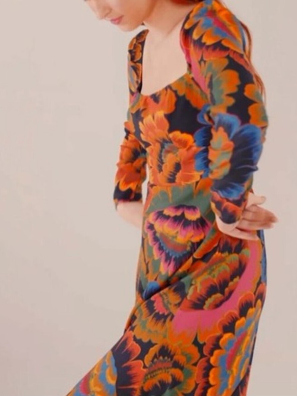 NEW FARM Rio Colorful Flowers Square-Neck Smocked Back Midi Dress Size XS - Picture 3 of 16